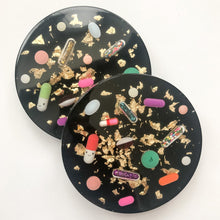 Load image into Gallery viewer, Black & Gold Resin Pill Coasters - Set of TWO - AlchemyArtCo