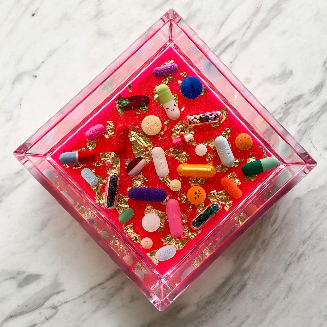 Neon Pink & Gold Leaf Resin Pill Trinket Dish - AlchemyArtCo