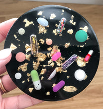 Load image into Gallery viewer, Black &amp; Gold Resin Pill Coasters - Set of TWO - AlchemyArtCo

