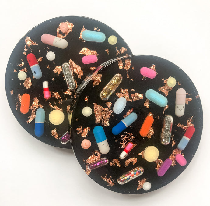Black & Rose Gold Resin Pill Coasters - Set of TWO - AlchemyArtCo