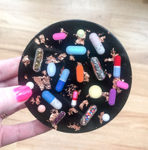 Load image into Gallery viewer, Black &amp; Rose Gold Resin Pill Coasters - Set of TWO - AlchemyArtCo
